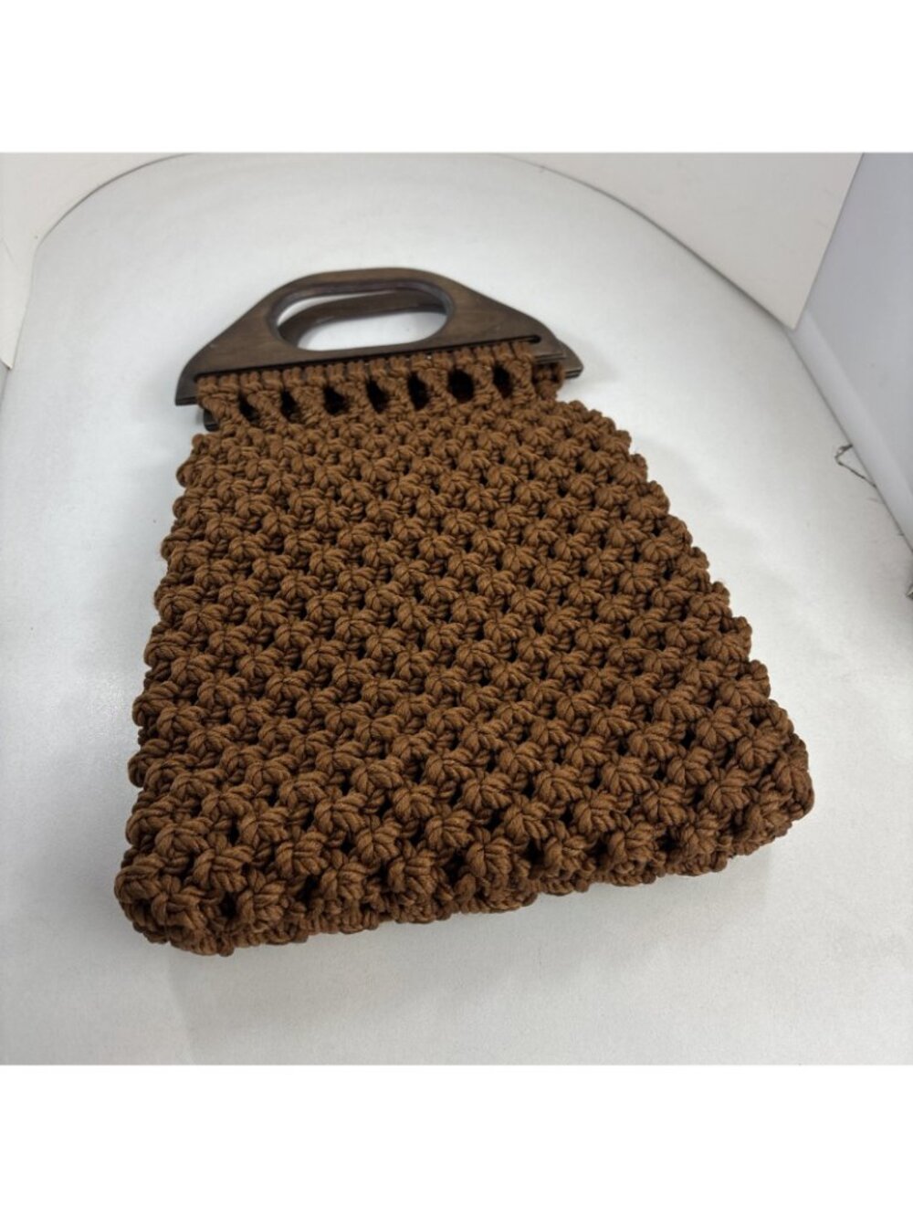Vintage Crochet Handbag Brown Textured Purse Wooden Handles 9.5 X 14 Boho Retro - Picture 4 of 8